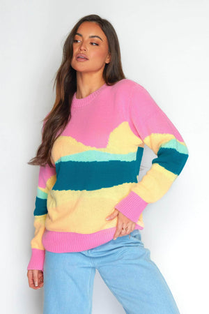 Pink Chunky Knit Colour Block Jumper