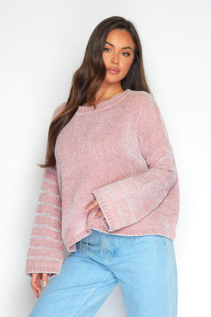 Pink Velour Jumper with Metallic Thread Sleeves