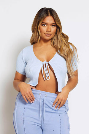 Sky Blue Rib Tie Front Top