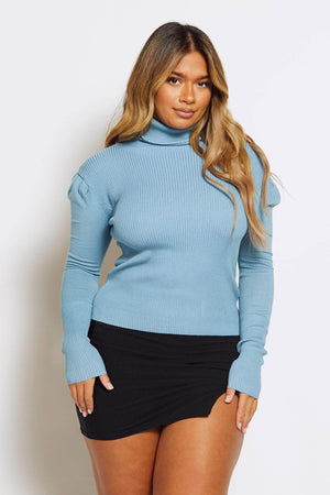 Denim Blue Puff Sleeve Rib Roll Neck Jumper