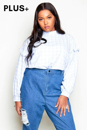 Light Blue Checked Oversize Ruffle Blouse