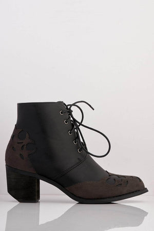 Black Pu Contrast Suede Cut Out Western Boots