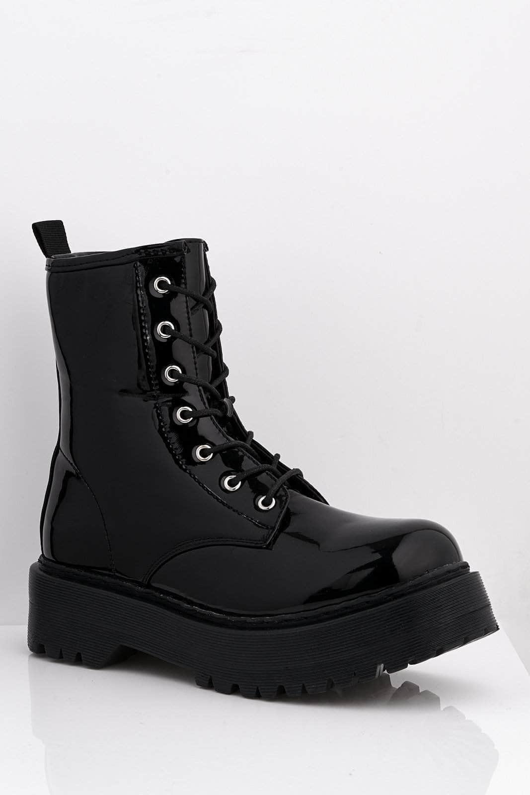 Black Patent Pu Lace Up Boots | HIDDEN 