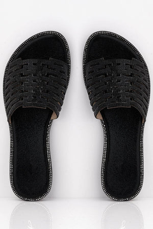 Black Pu Cut Out Diamante Embellished Sliders