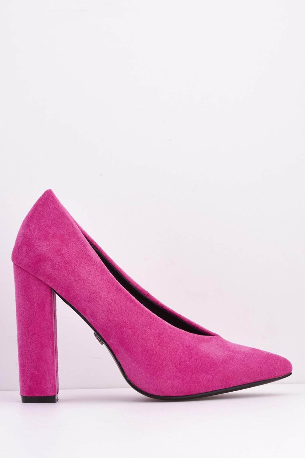 Hot Pink Faux Suede Pointed Block Heels 