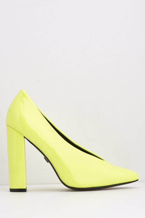 Neon Yellow Patent Pointed Block Heels