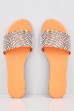 Orange Croc Diamante Embellished Sliders