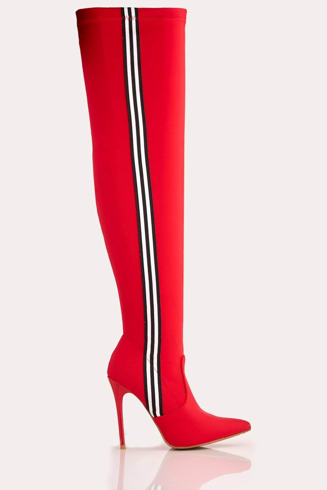 red lycra thigh high boots