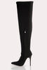 Black Lycra Stripe Pointed Thigh High Boots