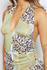 Green Leopard Slinky Ruched Halter Neck Mini Dress