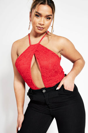 Red Plunge Lace Contrast Bodysuit