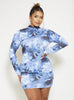 Blue Dragon Print Long Sleeve Bodycon Dress