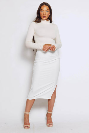 White Rib Midi Skirt with Split