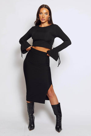 Black Rib Midi Skirt with Split