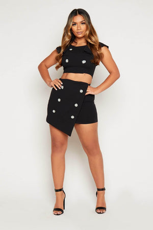 Black Buttoned Wrap Mini Skirt