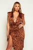 Leopard Print Wrap Bodysuit with Shoulder Pads