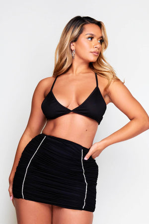 Black Ruched Mesh Embellished Mini Skirt