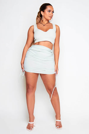 Sage Ribbed Double Side Ruched Mini Skirt