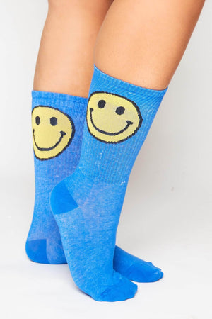 Blue Ribbed Socks with Smiley Emoji