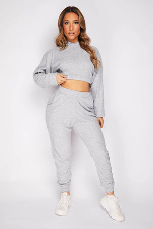 Grey Marl Crop Hoodie & Jogger Loungeset