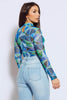 Blue & Green Abstract High Neck Long Sleeve Bodysuit