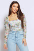 Blue Floral Square Neck Long Sleeve Bodysuit