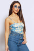 Blue & Yellow Printed Mesh Cami Ruched Bodysuit