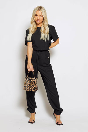 Black Short Sleeve Jumpsuit with Cut Out Back