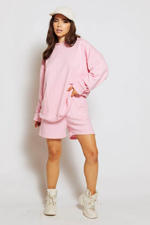 Petite Pink Oversize Hoodie & Track Shorts Set