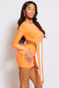 Neon Orange Slinky Mini Skirt & Front Tie Long Sleeve Crop Top