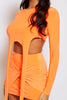 Neon Orange Slinky Mini Skirt & Front Tie Long Sleeve Crop Top