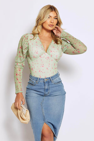 Sage Green Floral Sheer V Neck Bodysuit