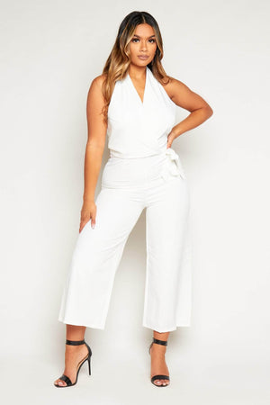 White Halterneck Backless Belted Jumpsuit