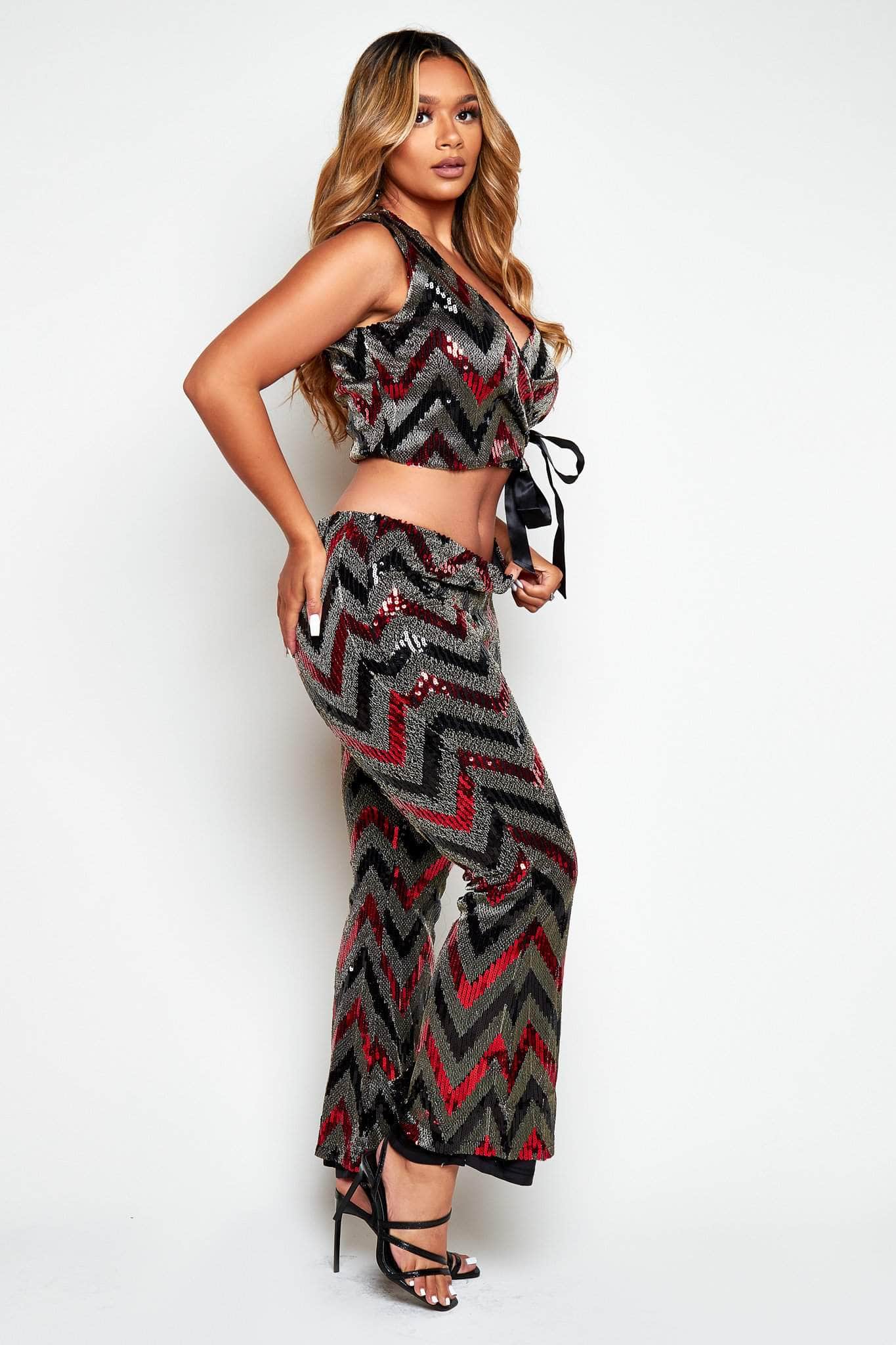 Red Sequin Wrap Top & Flare Trouser Co-ord | HIDDEN FASHION