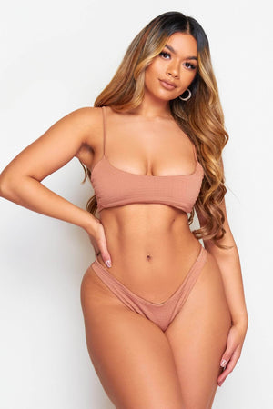 Mocha Crinkle Scoop Neck Bikini Top