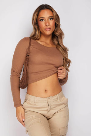 Brown Rib Classic Long Sleeve Top