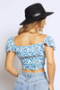 Blue Ditsy Floral Wrap Crop Top with Shirred Hem