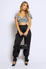 Black Floral Wrap Crop Top with Shirred Hem