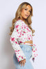 White Abstract Floral V Neck Tie Back Crop Top