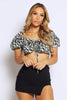 Petite Khaki Army Print Puff Sleeve Crop Top