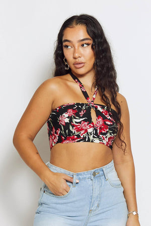 Red & Black Floral Print Front Tie Bralet