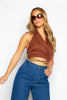 Brown Halter Neck Front Tie Crop Top