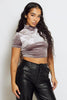 Grey Velour Honey Printed High Neck Crop Top