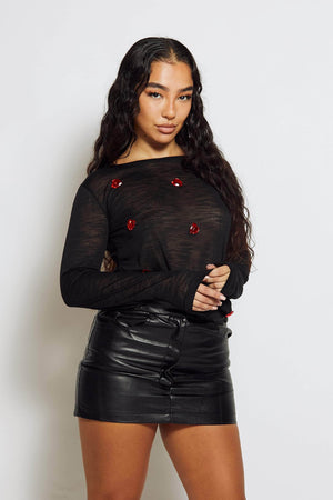 Black Sheer Long Sleeve Top with Red Heart Jewels