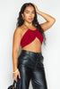 Wine Slinky Cross Over Gold Chain Halter Crop Top