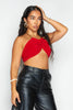 Red Slinky Cross Over Gold Chain Halter Crop Top