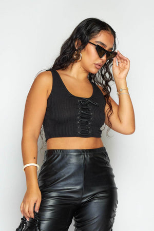 Black Ribbed Front Lace Up Crop Top