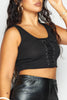 Black Ribbed Front Lace Up Crop Top