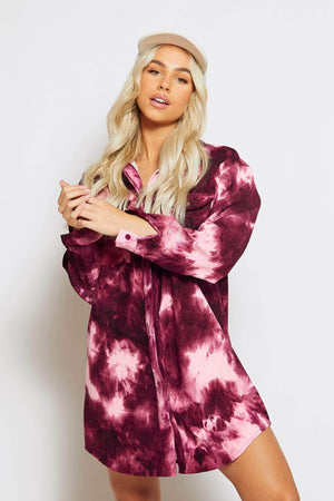 Pink Tie Dye Mini Cord Shirt Dress