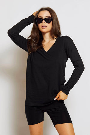 Black Cotton Long Sleeve V Neck T-Shirt